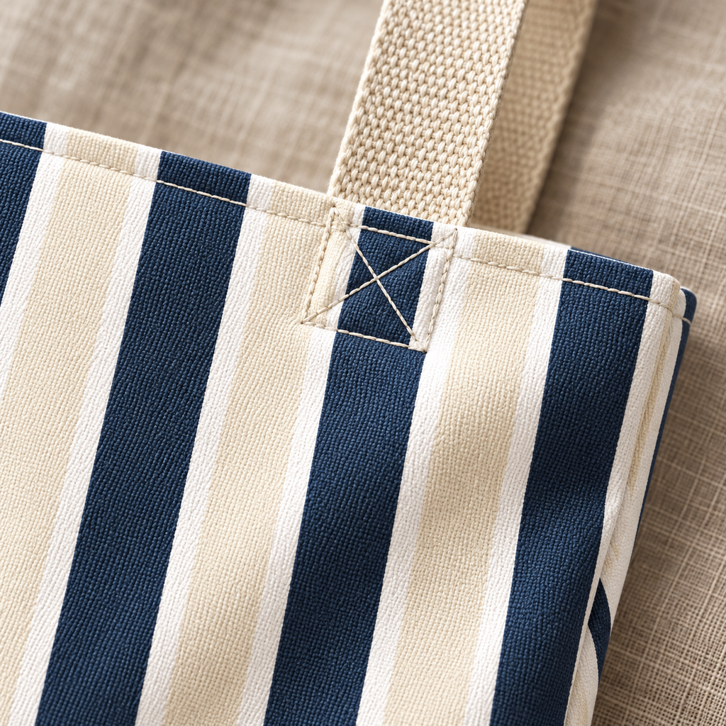 Close-up of the navy and cream stripes and the beige handle on the navy cream striped tote bag