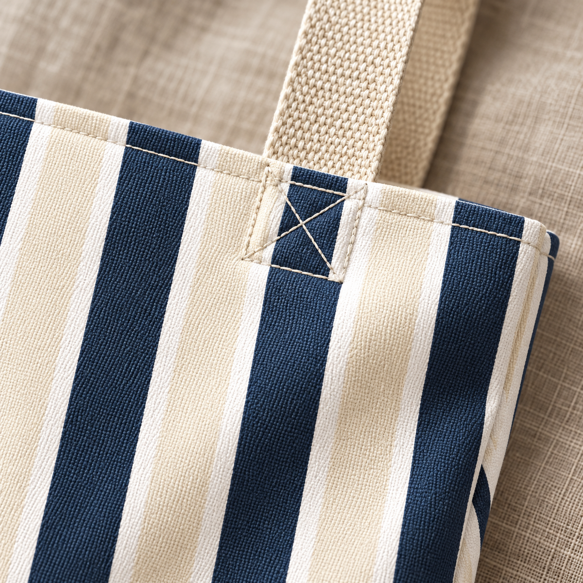 Close-up of the navy and cream stripes and the beige handle on the navy cream striped tote bag