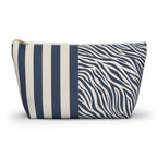 Navy Cream Zebra Striped Makeup Bag with gold zipper, front packshot