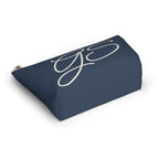 Navy White Monogram personalized makeup bag shown at an angle