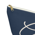 Close-up of the gold zipper pull on the Navy White Monogram personalized makeup bag