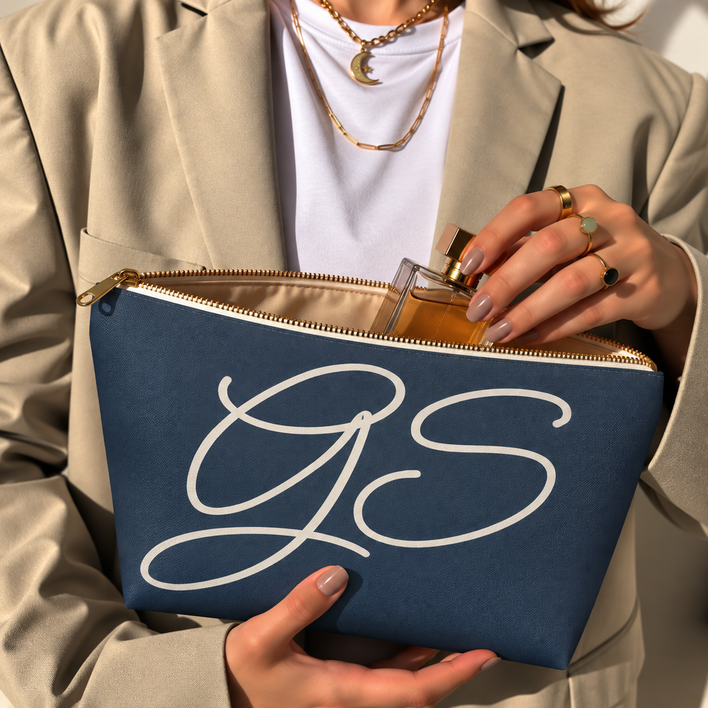 Hands holding the open Navy White Monogram personalized makeup bag