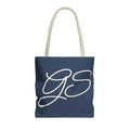 Navy White Monogram personalized tote bag front view with cream handles