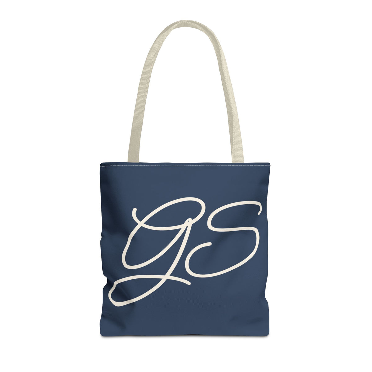 Navy White Monogram personalized tote bag front view with cream handles