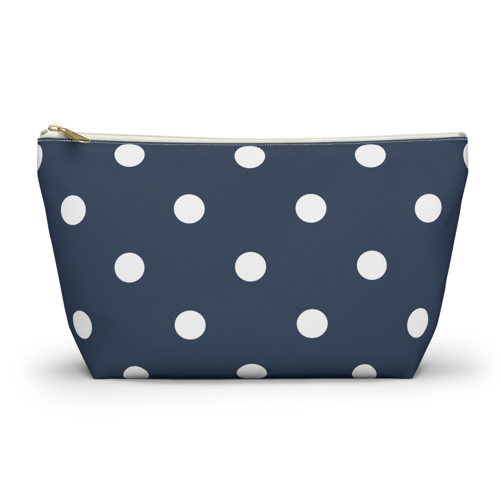 Navy White Polka Dot Makeup Bag with white dots on navy blue, front view