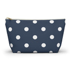 Navy White Polka Dot Makeup Bag with white dots on navy blue, front view