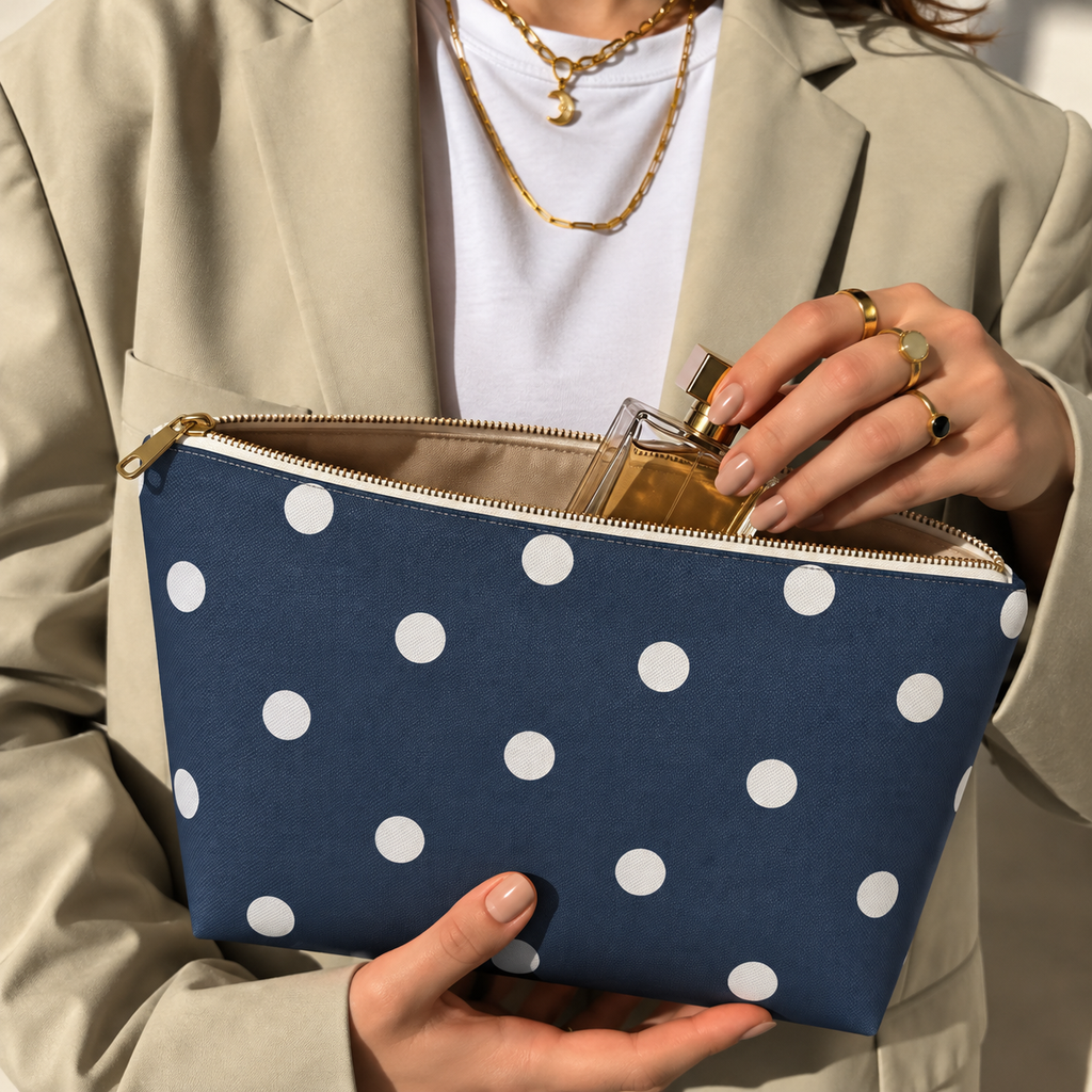 Woman opening the navy polka dot makeup bag to take out a perfume bottle