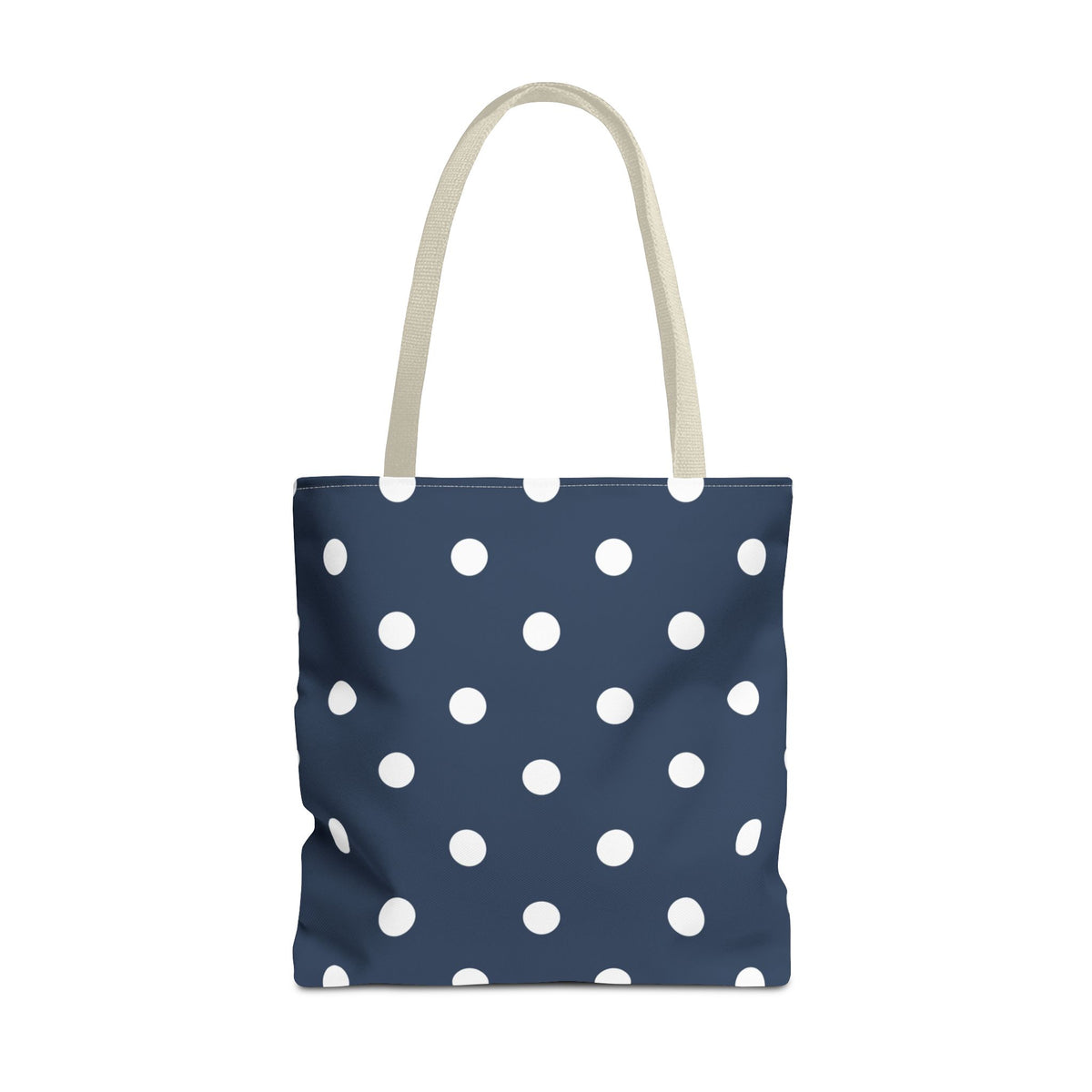 Navy White Polka Dot Tote Bag with white dots on a navy blue background, front view