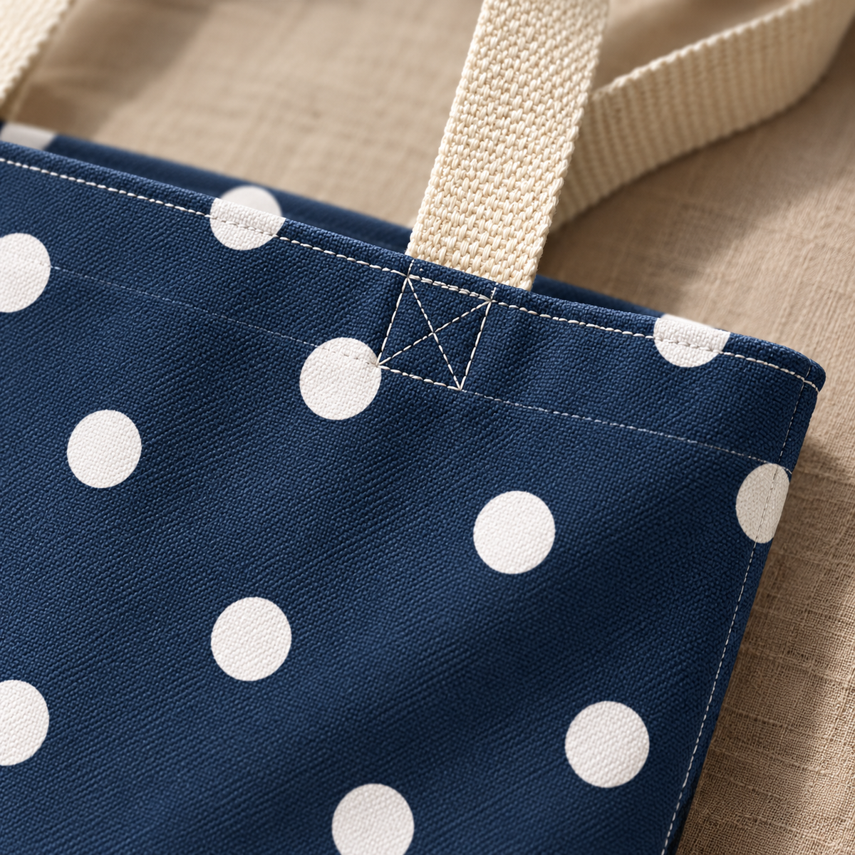 Close-up of the white polka dots, stitching and cream handle of the navy tote bag