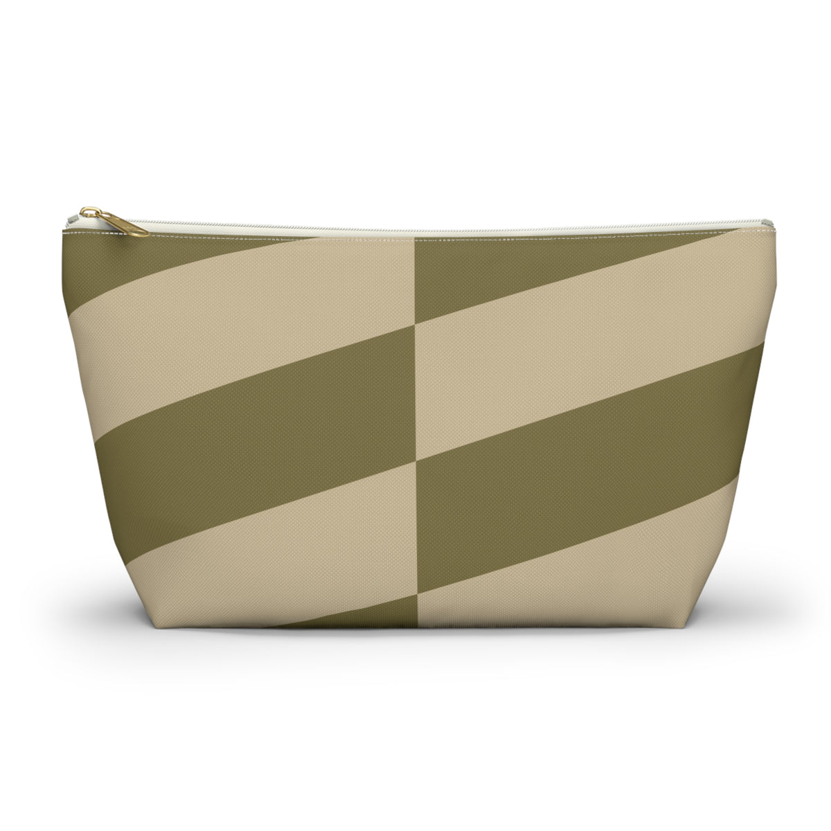 Olive beige geometric makeup bag with gold zipper pull, front view