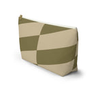 Side view of the olive beige geometric makeup bag with flat T-shaped bottom
