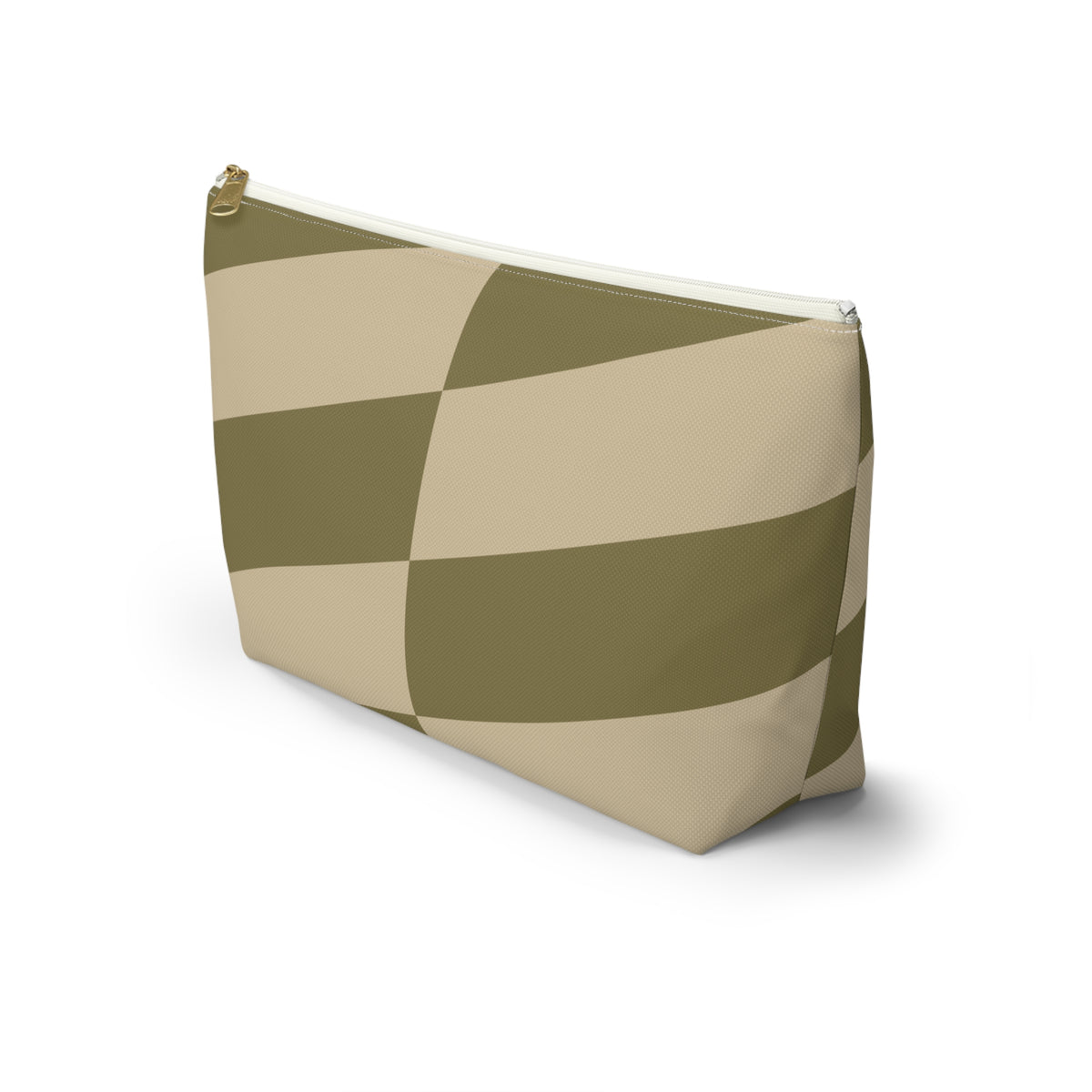 Side view of the olive beige geometric makeup bag with flat T-shaped bottom