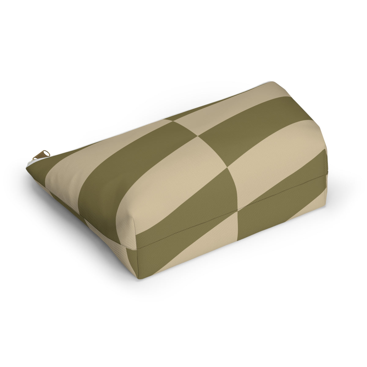 Olive beige geometric makeup bag lying on its side in an angled view