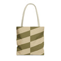 Olive beige geometric tote bag with beige handles, front view on white background