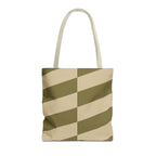 Olive beige geometric tote bag with beige handles, front view on white background