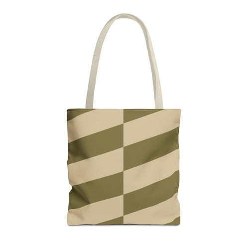 Olive beige geometric tote bag with beige handles, front view on white background