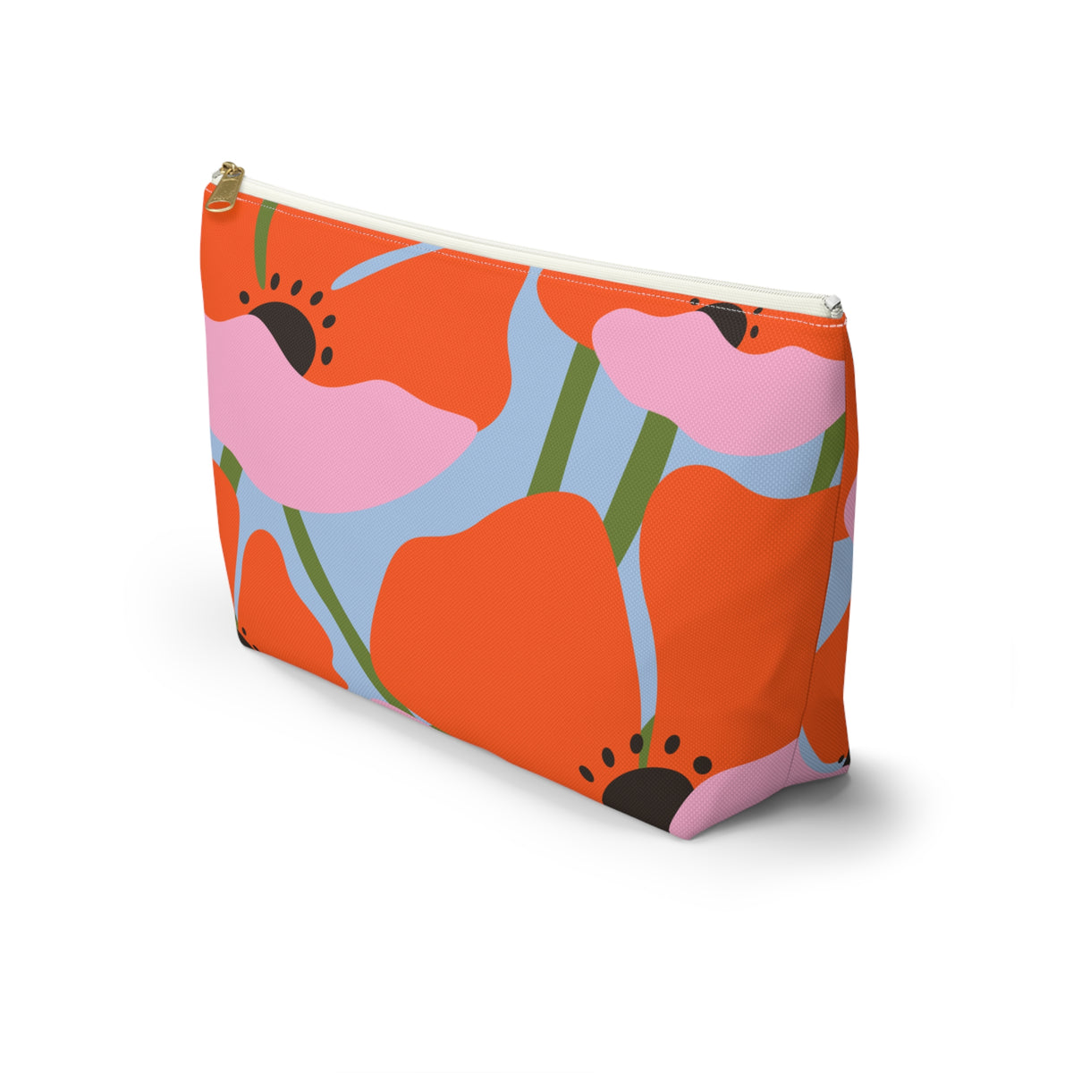 Side view of the orange poppy floral makeup bag with T-shaped bottom