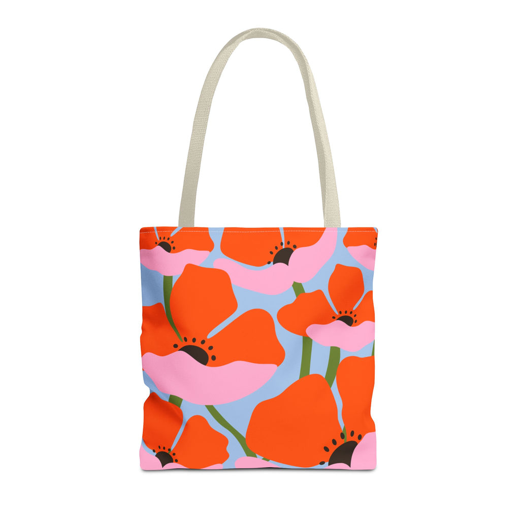 Orange poppy floral tote bag with cream handles on a white background