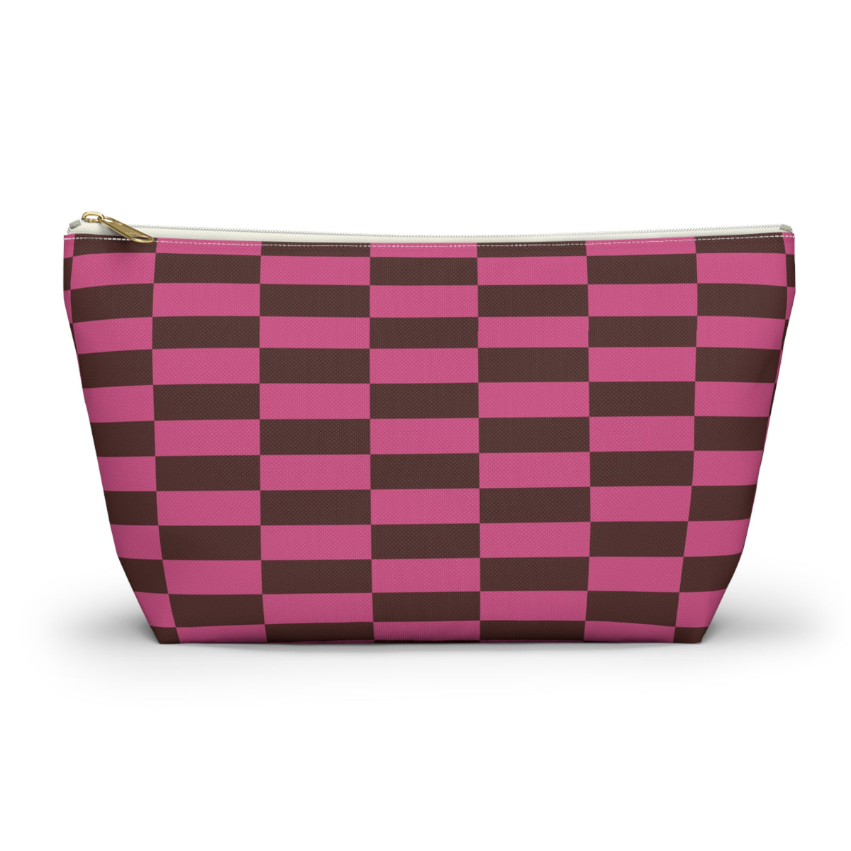 Pink brown checkered makeup bag front view on white background