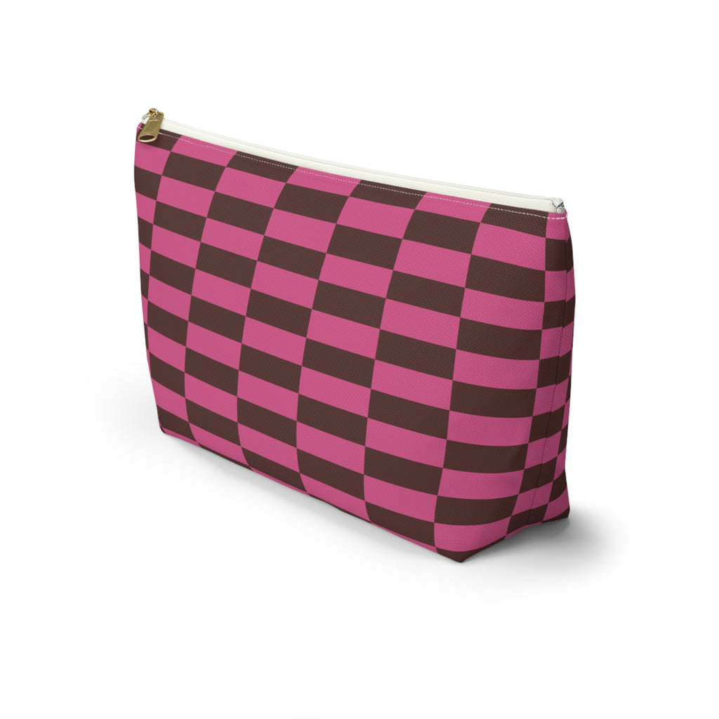 Side view of the pink brown checkered makeup bag with T-shaped bottom