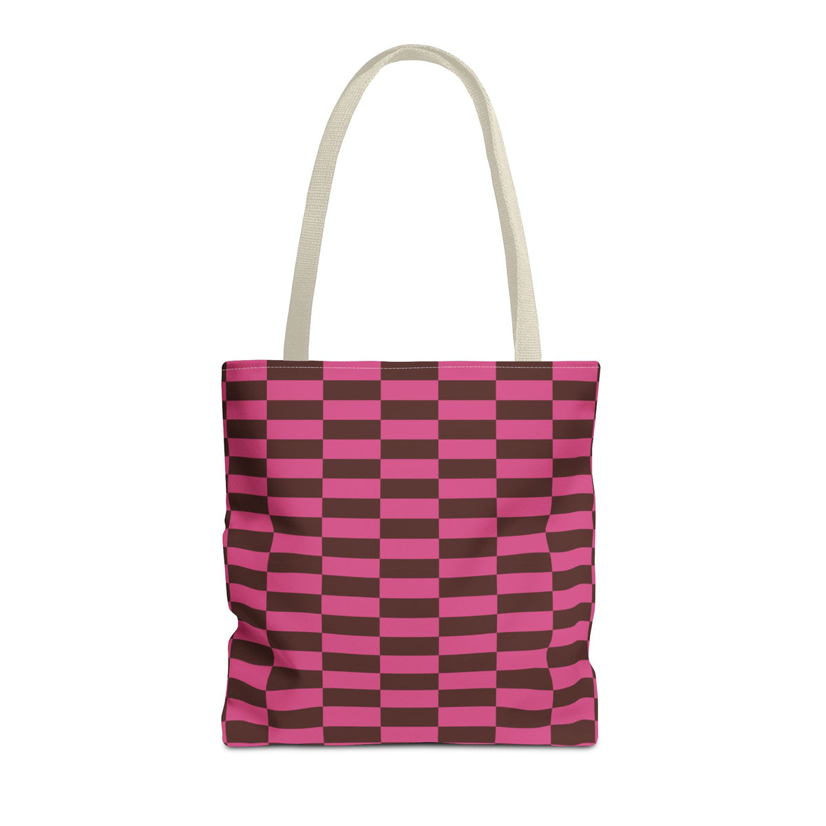 Pink brown checkered tote bag front view on white background