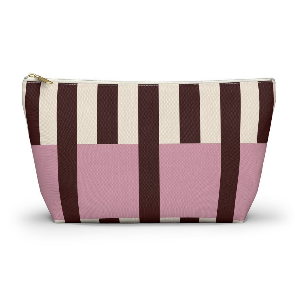 Pink burgundy cream striped makeup bag with gold zipper pull, front view
