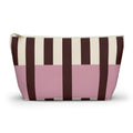 Pink burgundy cream striped makeup bag with gold zipper pull, front view