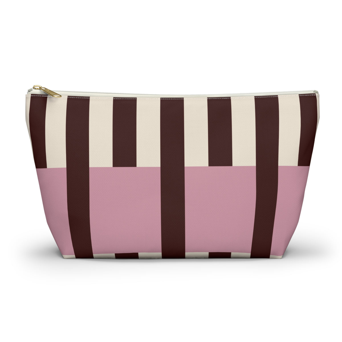 Pink burgundy cream striped makeup bag with gold zipper pull, front view