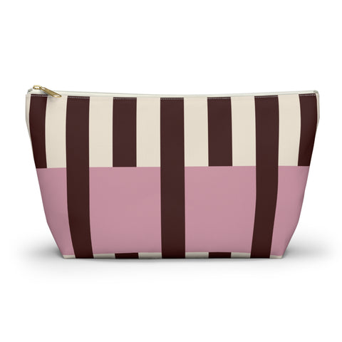 Pink Burgundy Cream Striped Makeup Bag