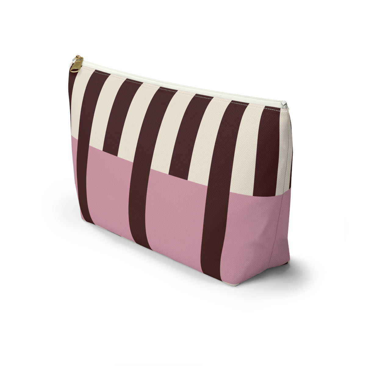 Side view of the pink burgundy cream striped makeup bag with flat T-shaped bottom
