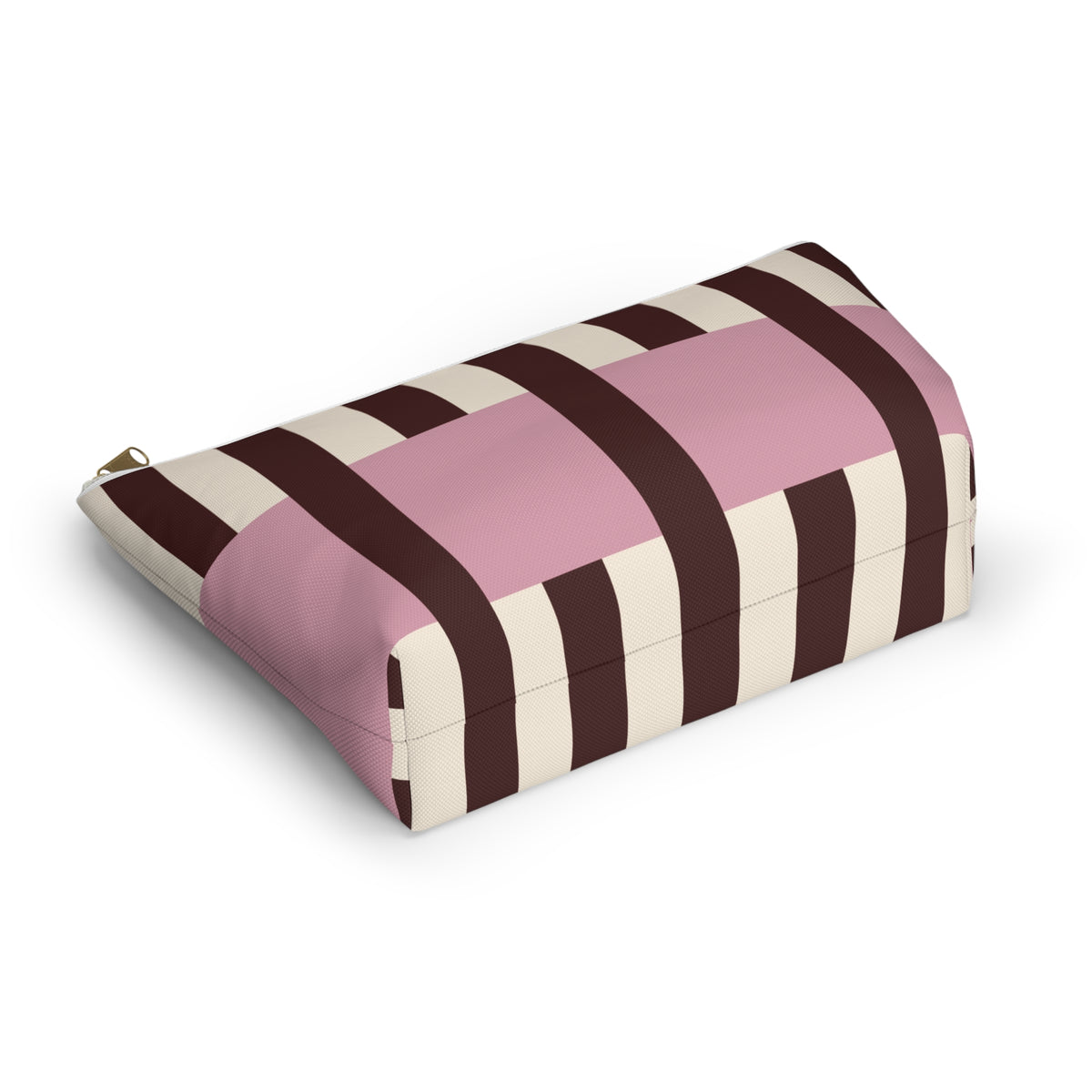 Pink burgundy cream striped makeup bag lying on its side in an angled view