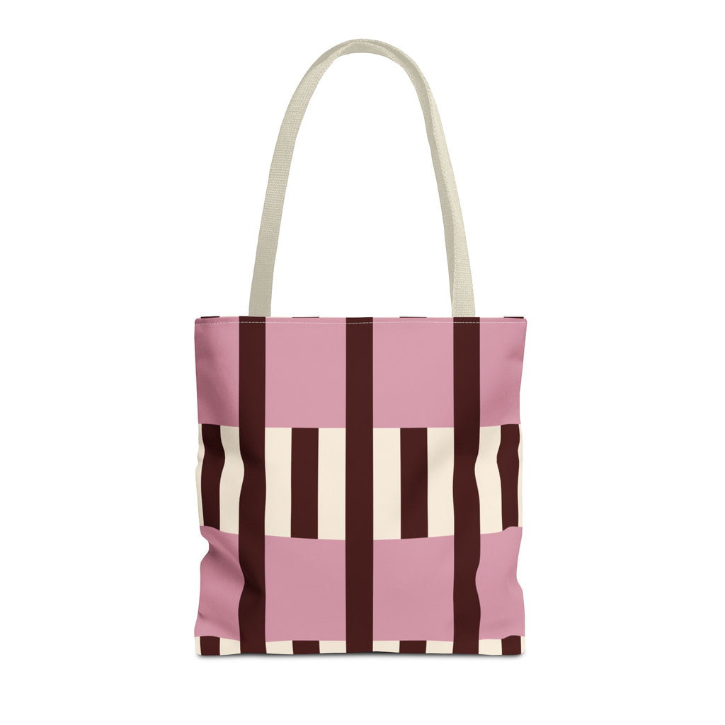 Pink burgundy cream striped tote bag with beige handles, front view on white background