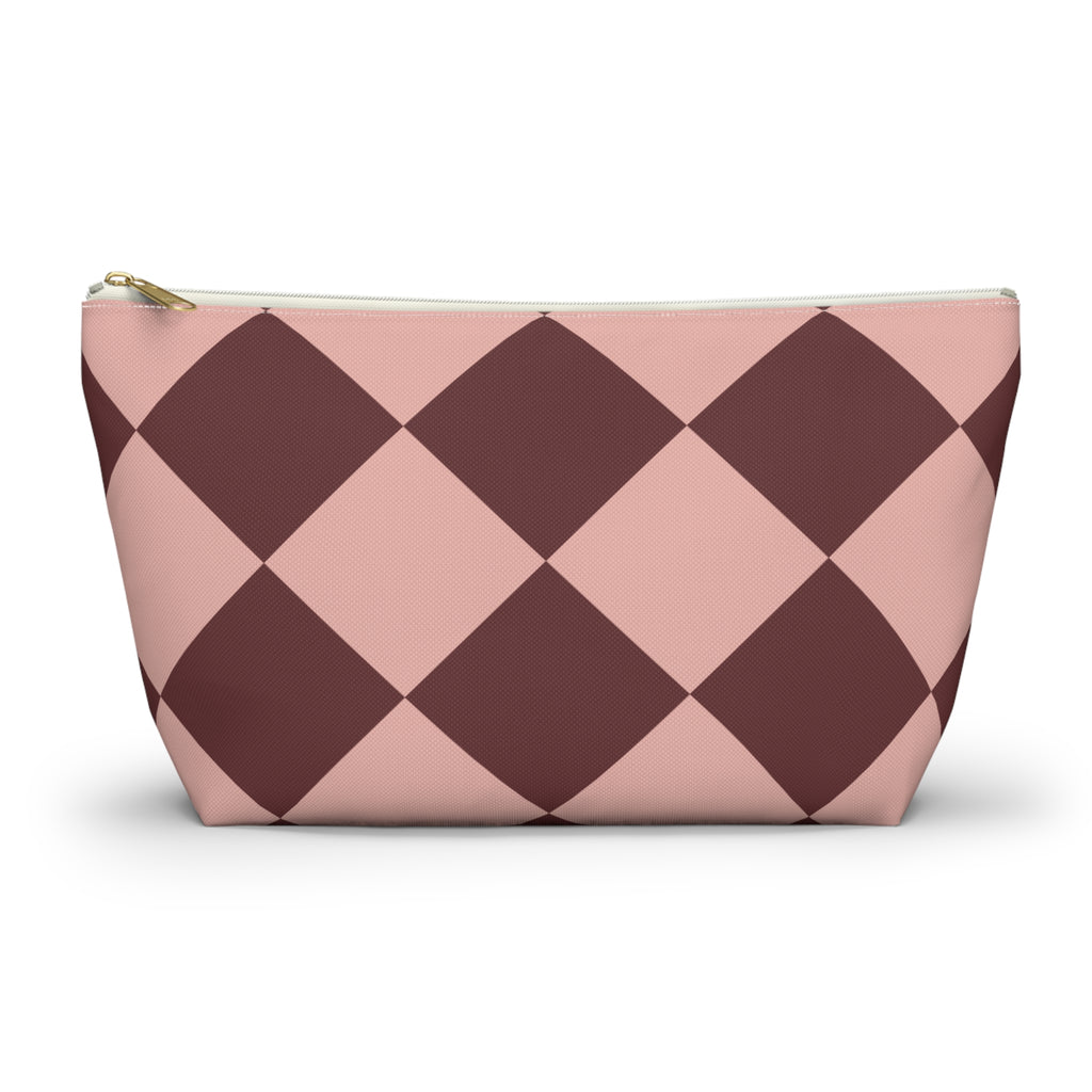 Pink burgundy diamond checkered makeup bag, front view
