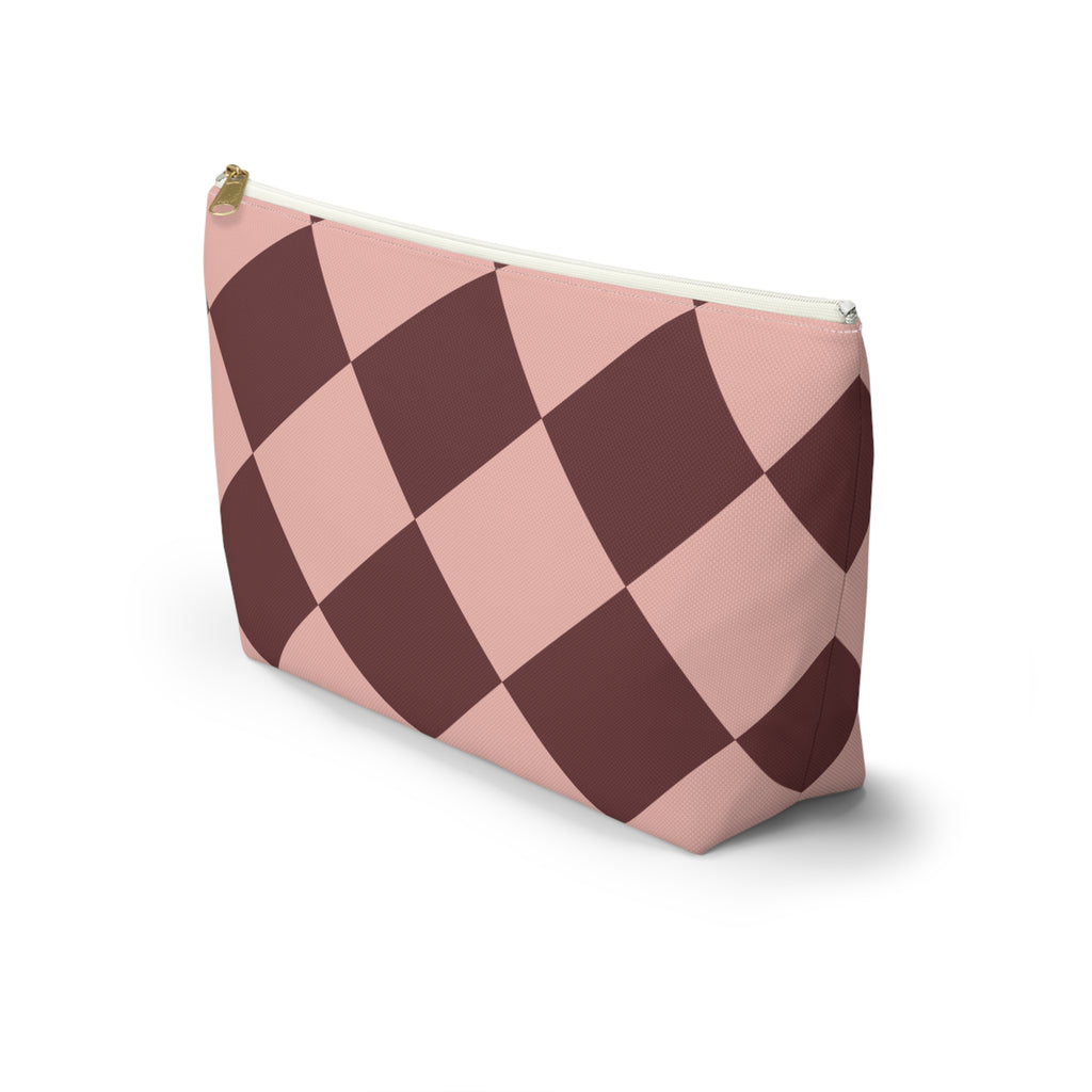 Side view of the pink burgundy diamond checkered makeup bag