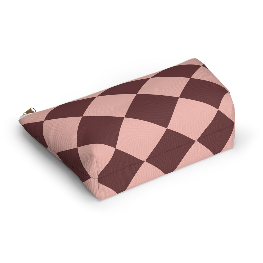 Pink burgundy diamond checkered makeup bag lying flat