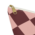 Close-up of the zipper and pink burgundy diamond print on the makeup bag