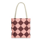 Pink burgundy diamond checkered tote bag, front view