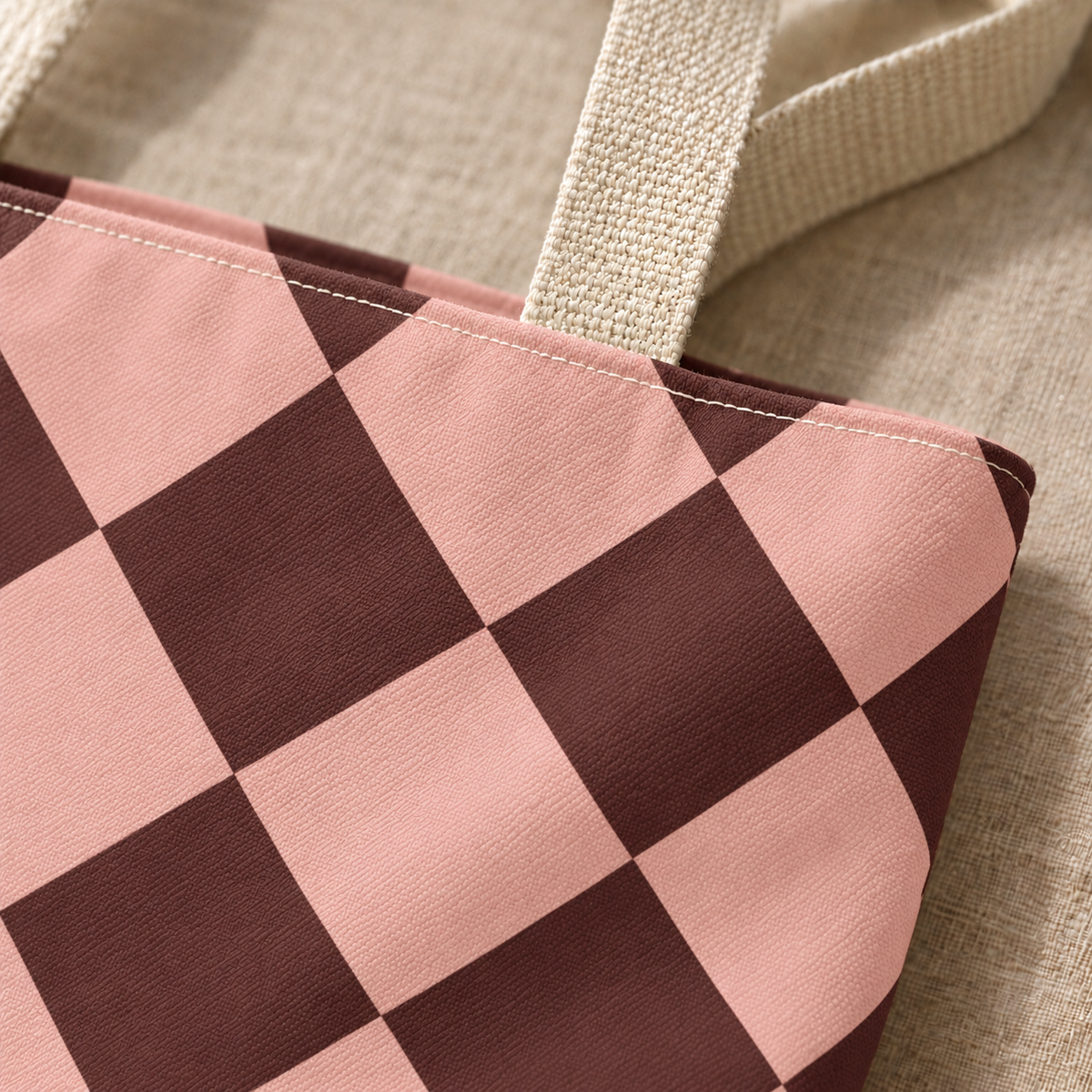 Close-up of pink and burgundy diamond checkered print on a tote bag