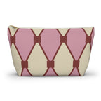 Pink cream diamond pattern makeup bag with T-bottom, front view on white