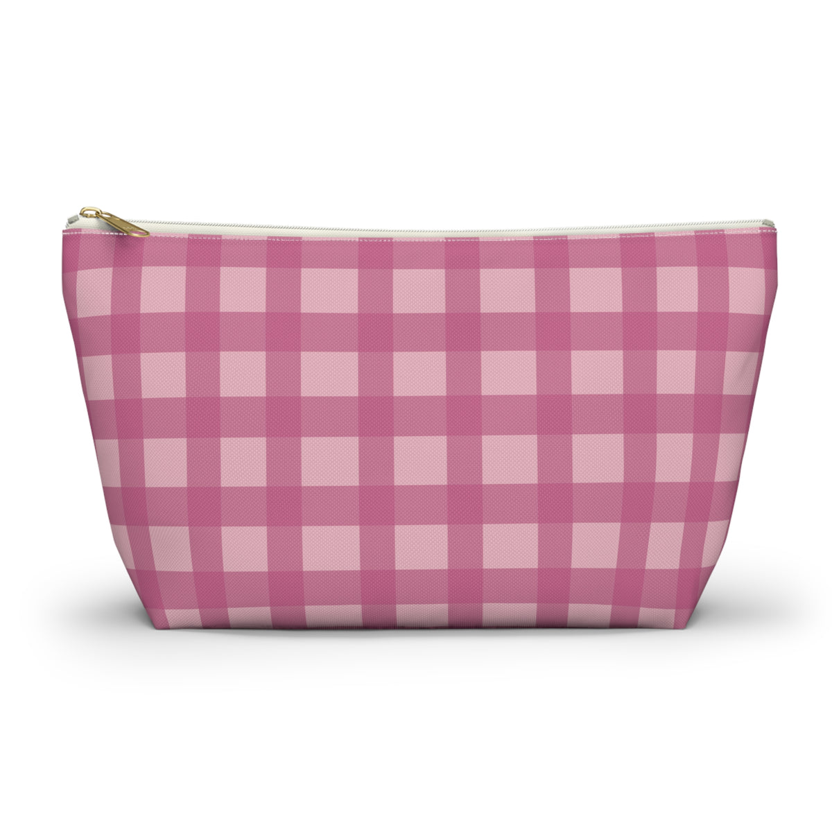 Pink gingham makeup bag with gold zipper pull on a white background