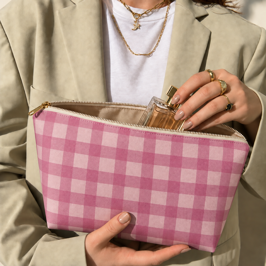 Hands holding the open pink gingham makeup bag with a perfume bottle inside