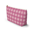 Side view of the pink gingham makeup bag with T-shaped bottom