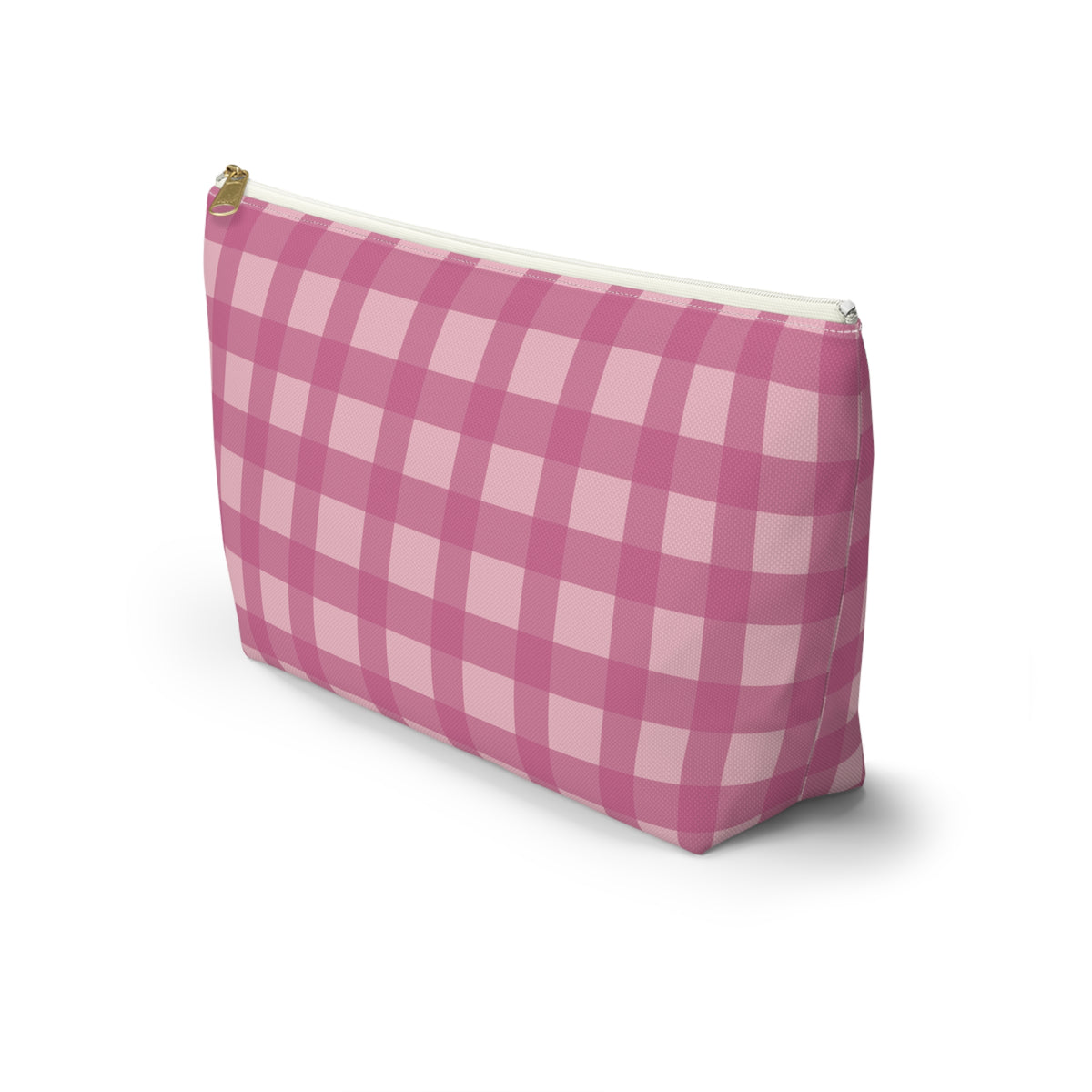 Side view of the pink gingham makeup bag with T-shaped bottom