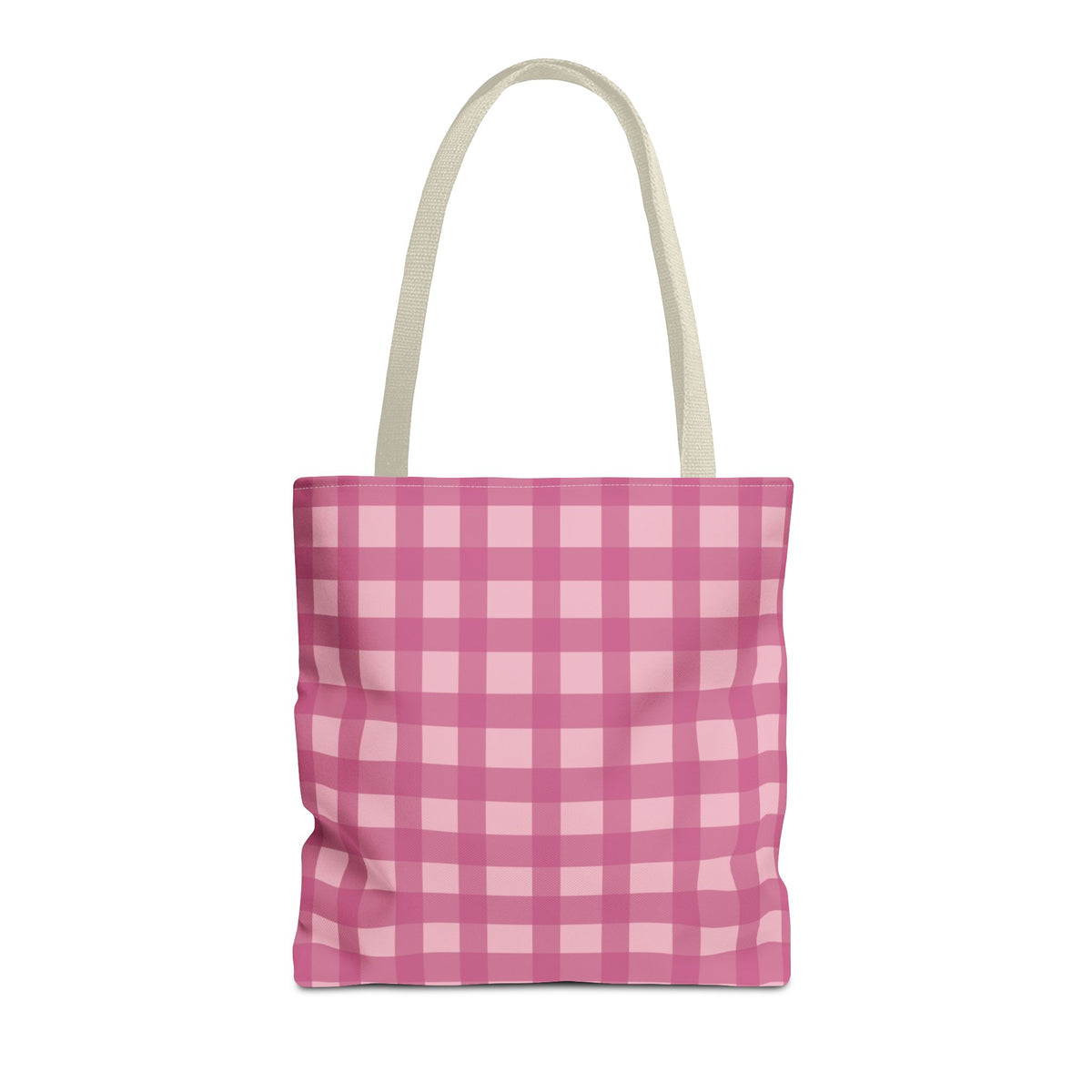 Pink gingham tote bag with cream handles on a white background