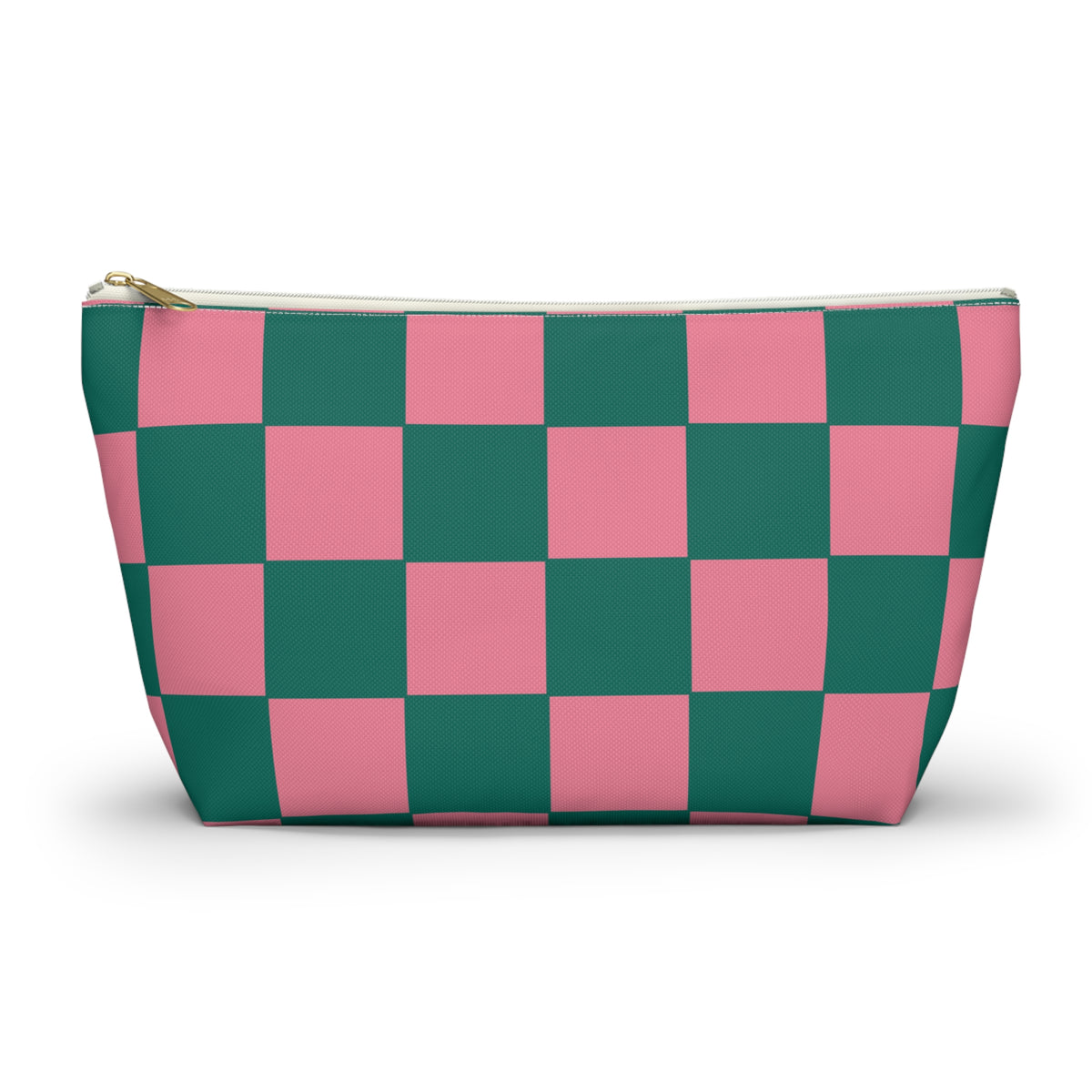 Pink and green checkered makeup bag with gold zipper pull on a white background