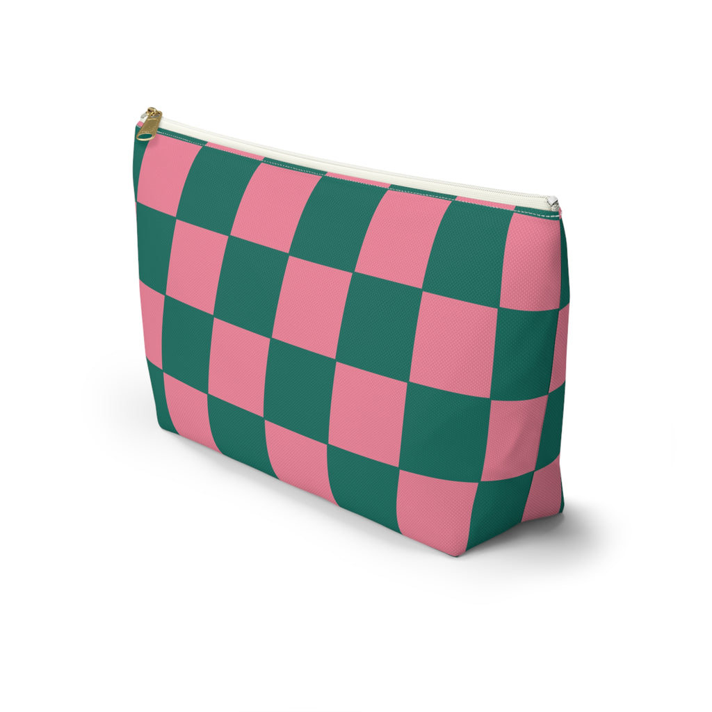 Side view of the pink green checkered makeup bag with T-shaped bottom