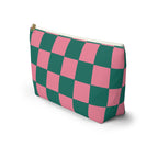 Side view of the pink green checkered makeup bag with T-shaped bottom