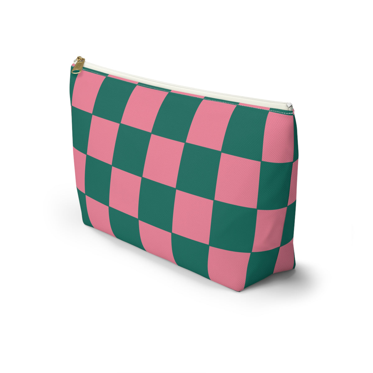 Side view of the pink green checkered makeup bag with T-shaped bottom
