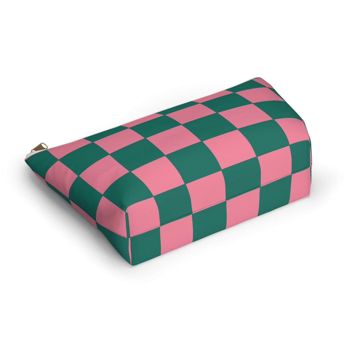 Pink green checkered makeup bag lying at an angle on a white background