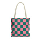Pink and green checkered tote bag with cream handles on a white background